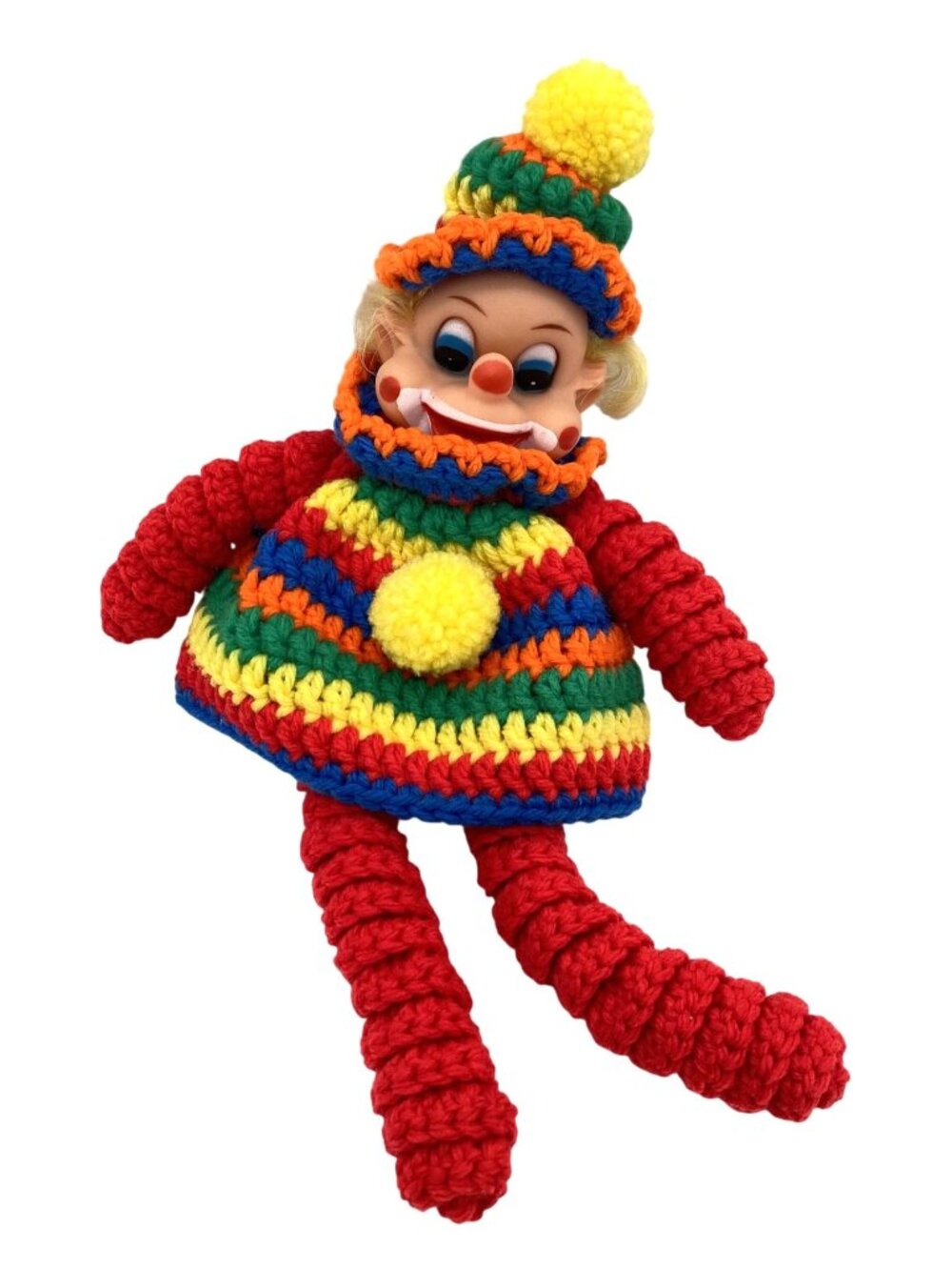 Vintage Crochet Clown Doll Bright Colorful Outfit Retro 11 Inches